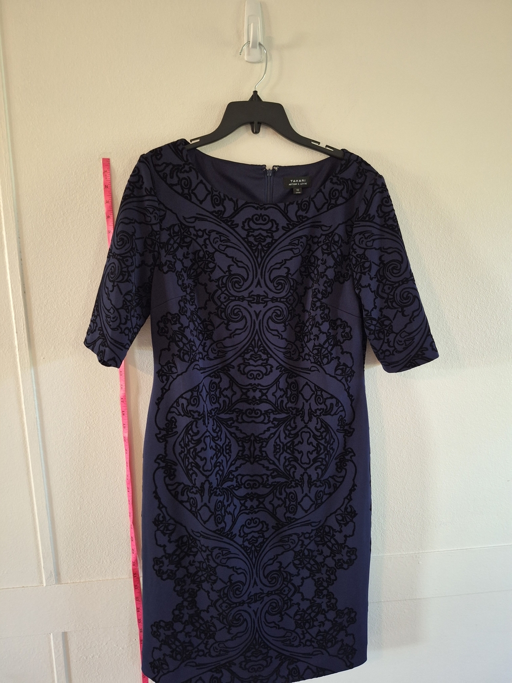 Tahari ASL Navy and Black Flocked Midi Sheath Dress